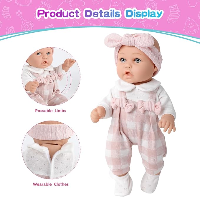 12'' Baby Doll and Clothes Accessories Playset with Feeding Bottle Pacifier First Baby Dolls for Toddlers 36 Months and Up