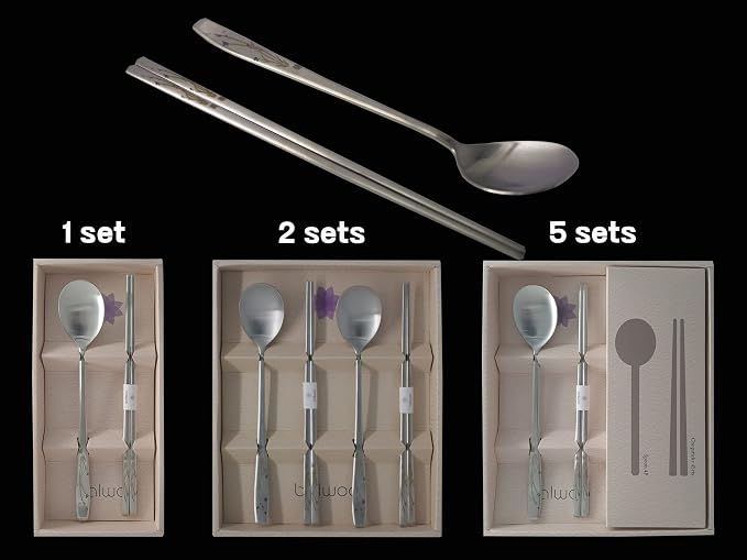 [5 Sets] [Made in Korea] Orchid Design Korean Style Sticky Rice Spoon Chopsticks Set Silverware Set 304 Stainless Steel Cutlery Set Soup Spoon Ramen Chopsticks Flatware (5 Sets)