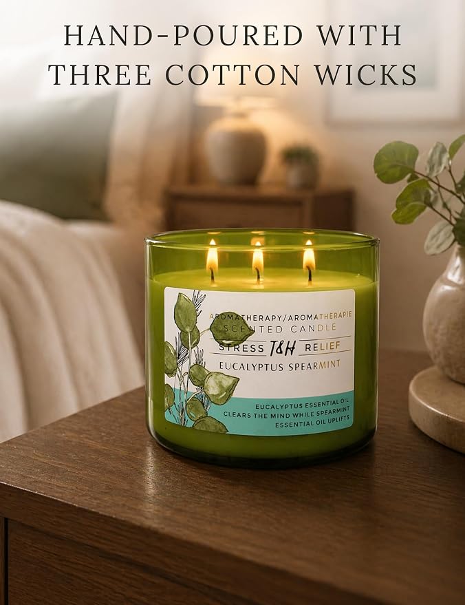 Eucalyptus Spearmint Scented Candle | 15.8 oz Large 3 Wick Soy Candle | Soothing Aromatherapy Candle for Home | Fresh Mint Spa Scent | Long Lasting Clean Burn | Relaxation & Yoga Gift for Women & Men