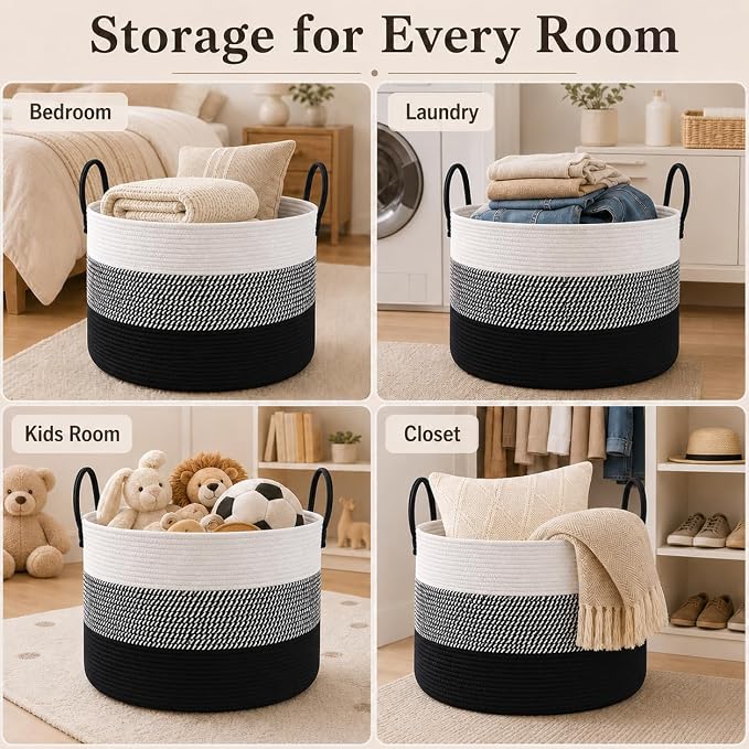 JMvicyroam 115L Extra Large Machine Washable Cotton Rope Blanket Basket | Collapsible laundry hamper, Reinforced handles, For blankets,pillows,toys and clothes, Living room and bedroom,White&BlackMix