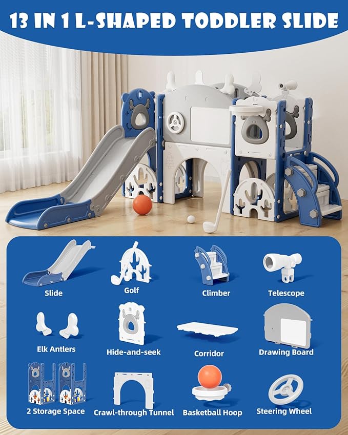 XJD Toddler Slide,13 in 1 Kids Slide for Toddlers, New Upgrade with Golf Set, Basketball Hoop, Drawing Board for Indoor Outdoor Playset,Toddler Playground (Blue Gley)