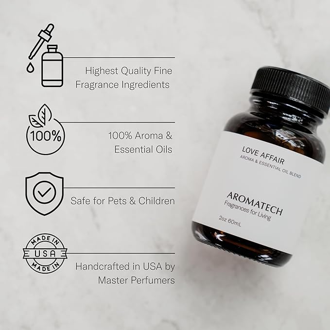AromaTech Love Affair Aroma Essential Oil Blend: Luxury Hotel Inspired Aromatherapy with Jasmine, Saffron, Cedar & Amber for Ultrasonic Diffusers & Nebulizers (60 mL)