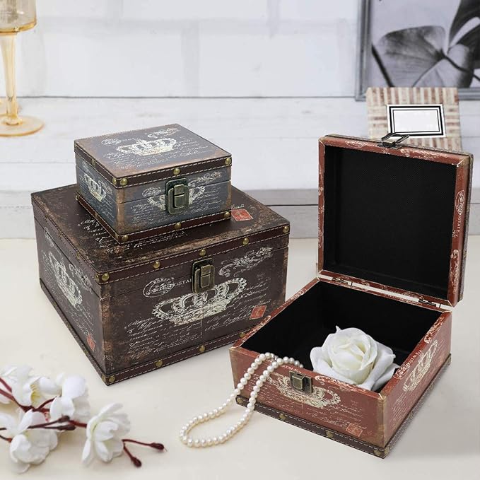 Jolitac Wood Storage Box Set of 3, Vintage Decorative Nesting Boxes Wooden Treasure Storage Crates With Latch, Home Decor Rustic Antique Boxes With Lid for Photos, Jewelry, Cash (Crown)