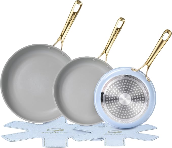 Chef Power Ceramic Frying Pan with Stainless Steel handle 5Pcs Set, Non Stick Grill Pan Set, Dishwasher and Oven Safe, Light Blue and Granite Grey