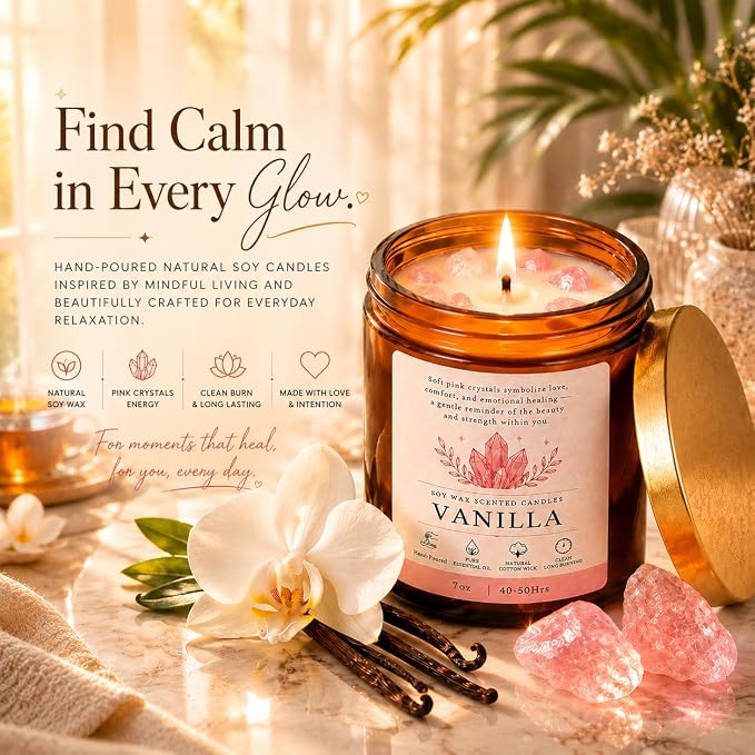 Vanilla Soy Candle with Crystal 7oz Scented Candles Aromatherapy Candle | Up to 40 Hours Burning Time | 100% Natural Soy Wax Jar Candle for Home Yoga | Gift Crystal Candle for Women