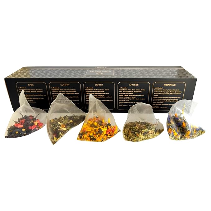 Pure And Easy Tea, Ascent Premium Tea Flight Sampler, 15-Count Whole-Leaf Variety of Naturally Caffeinated Blends, Designed for Focus & Clean Energy, BPA-Free Pyramid Tea Bags, Gift Box (52.5g)