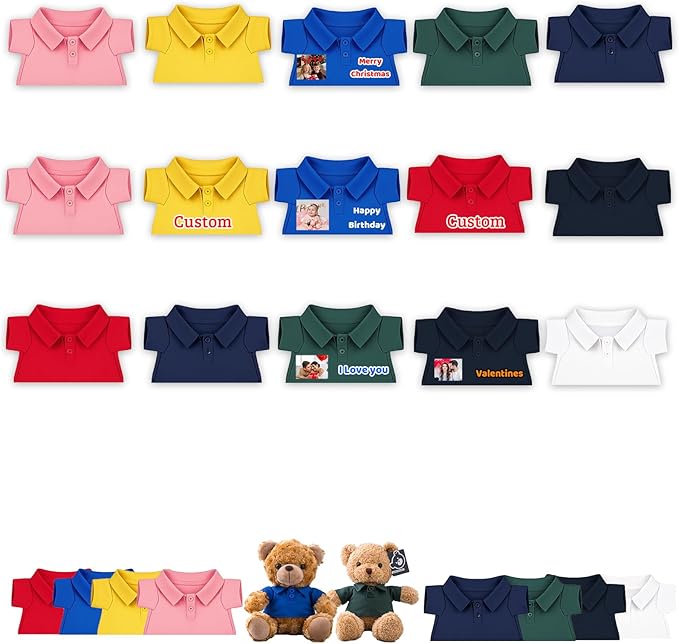 15 Pcs Personalized Teddy Bear Clothes with Name Photo, Custom Stuffed Animal Clothing Fit 8-16 inch Bears Clothes for Stuffed Animals, Doll Clothing Make Your Own Plush Doll Shirt