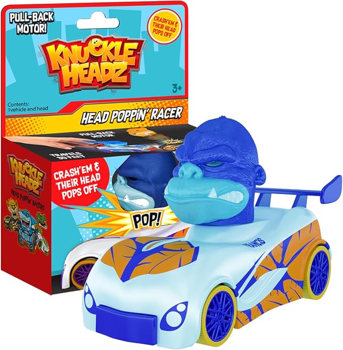Knuckle Headz Pop-Up Racer Car Toy, Friction-Powered Pull Back Race Car, Head Popping Fun Gift for Kids, Boys, Girls, Ages 3+, Gorilla