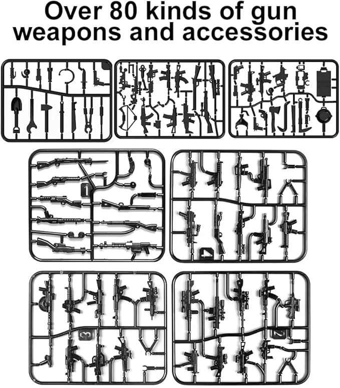 Military Weapons Pack Guns and Accessories for Minifigures, Custom Military War Gears Building Blocks Toy, 6 Heavy Weapons and Over 80 Pieces War Equipments for Legomaniacs