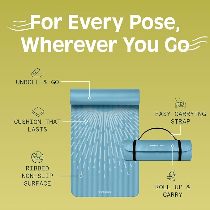 Retrospec Solana Yoga Mat Thick 1/2in Non-Slip Workout Mat with Nylon Strap - 72x24in Exercise Mat for Pilates, Stretching & Fitness - BPA Free, Easy Clean