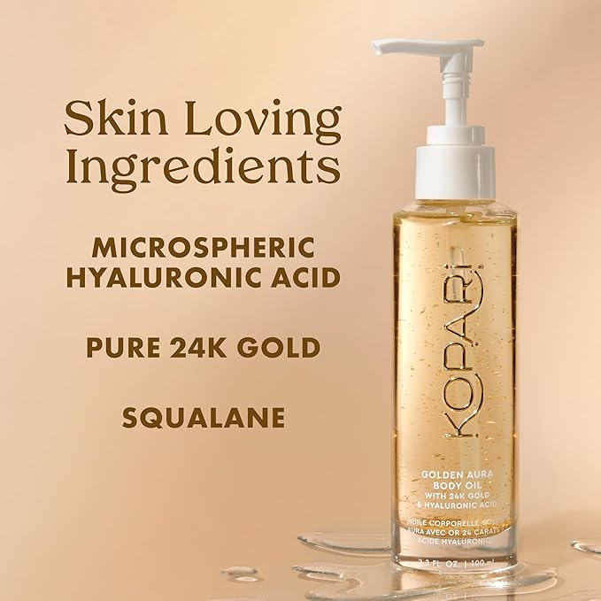 Kopari Golden Aura Body Oil with 24k Gold & Hyaluronic Acid - Hydrating Formula for Glowing Skin 3.3 oz