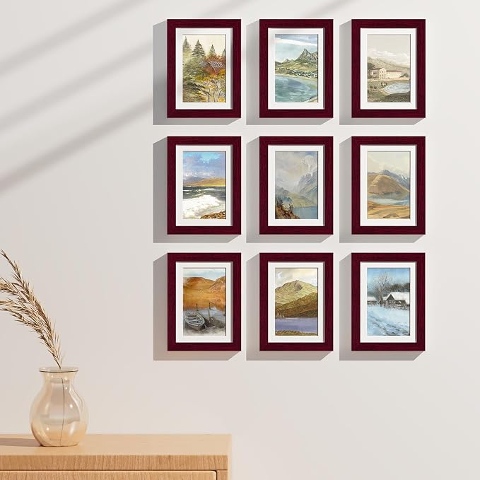 Vittanly 5x7 Picture Frames Set of 9 for Wall Mount & Tabletop, Cherry Red | Display Pictures 4x6 with Mat or 5x7 without Mat, Small Photo Frames, Engineered Wood with Shatter Resistant Plexiglass