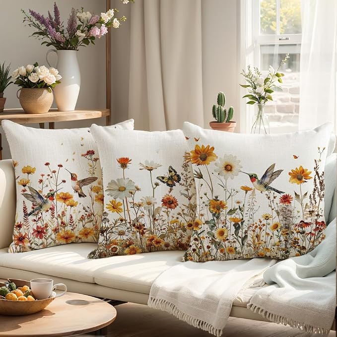 wyooxoo Spring Pillow Covers 20x20 Set of 4 Farmhouse Summer Throw Pillow Covers Floral Decorative Cushion Cases for Sofa Couch Outdoor Bedroom
