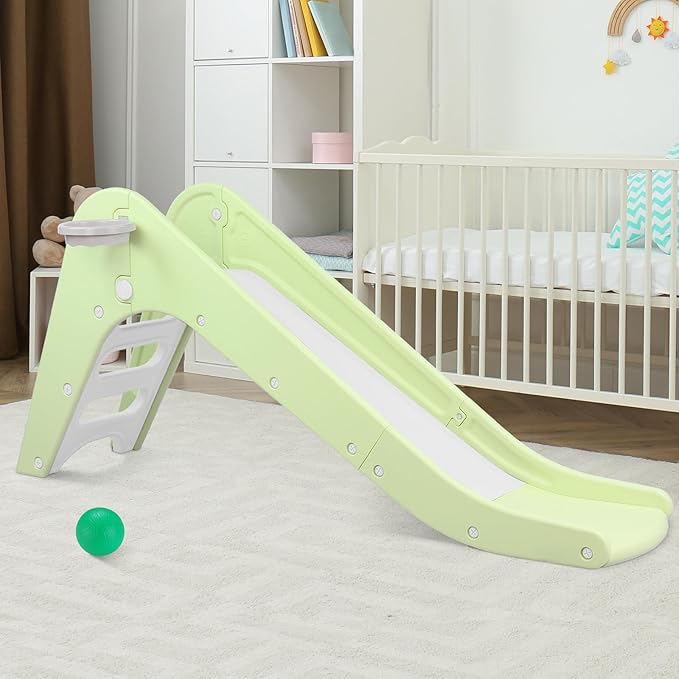 Arlopu Freestanding Kids Slide, Toddler Slide Climber with Basketball Hoop & Ball, Baby Playset w/Long Slope, for Boys and Girls Birthday, Sturdy Playground Toy for Indoor Outdoor Age 3+ (Light Green)