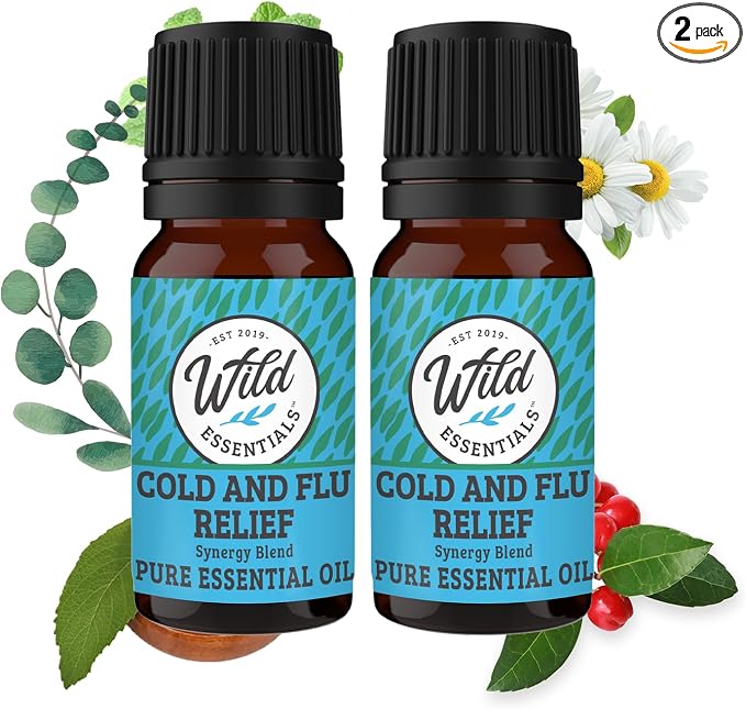 Wild Essentials Cold and Flu Relief 100% Pure Essential Oil Synergy Blend 2 Pack 10ml, Therapeutic Grade Formula for Congestion, Aches, Pain and Muscle Relief, migraines, Made in The USA