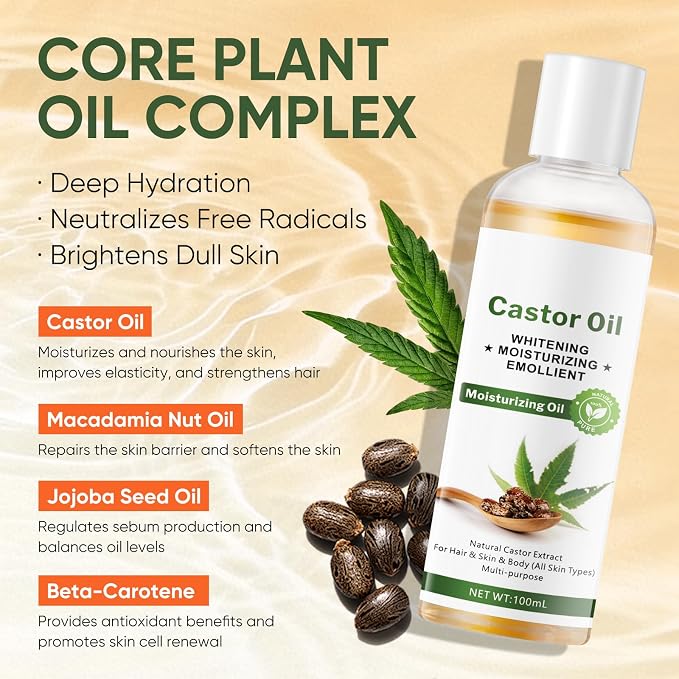 Castor Oil with Squalane, Jojoba & Olive Oils - Glow Moisturizing Emollient for Hair, Skin & Body, Multi-Purpose Moisturizer with Natural Antioxidants, 3.38 Fl Oz
