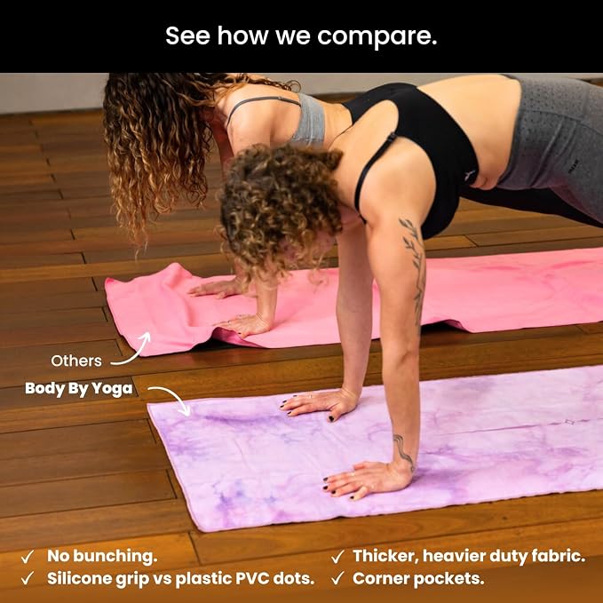Yoga Drip Hot Yoga Towel – Non Slip Yoga Mat Towel with Corner Pockets, Silicone Grip Dots & Subtle Alignment Lines | Sweat Absorbent, Moisture Wicking, Quick Dry | No Bunching or Sliding | 72” x 26”