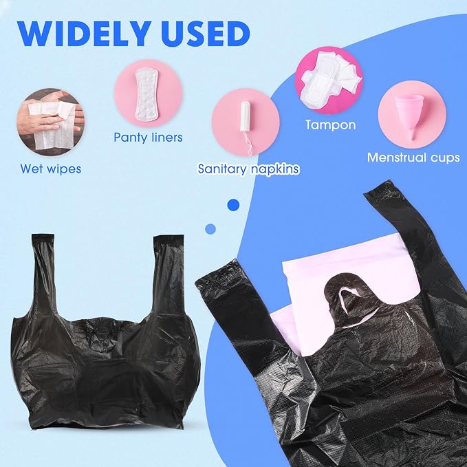 2000 Pcs Sanitary Napkin Disposal Bags with Handles, Sanitary Disposal Bag 10.2 x 7.1inch, Black Trash Bags Women Personal Waste Bag for Tampons, Pads, Liners (Black)