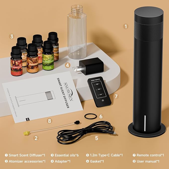 Waterless Scent Diffuser Kit - Cold Air Machine with 6 Essential Oils, Hotel Collection Smart Aromatherapy Diffuser, 1500 Sq.ft Wide Coverage for Home Large Room Office, Remote Control & Bluetooth APP