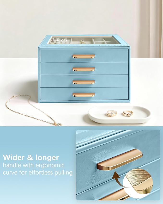 Homeanda Jewelry Boxes Organizer with Glass Lid, 4-Layer PU Leather, Blue | Modern style display case with 4 drawers for daily jewelry, women, mom or girl gift