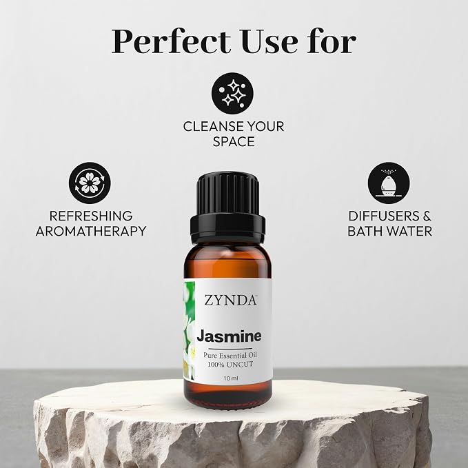 Jasmine Essential Oil 100% Pure and Natural – Organic Jasmine Oil Extract for Skin Care, Hair Treatment, Diffuser, Relaxing Aromatherapy, Body Massage, and Premium Floral Fragrance – 10ml