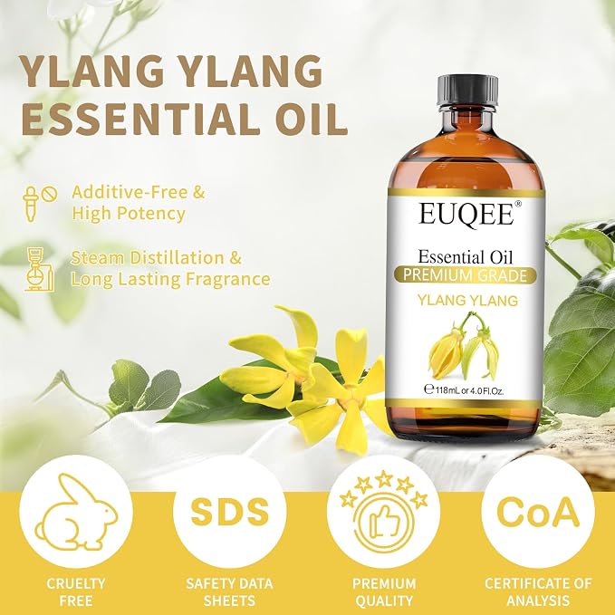 EUQEE Ylang Ylang Essential Oil 118ml with Glass Dropper, Pure Ylang Ylang Oil for Diffuser, Candle Making - 4 Fl.Oz