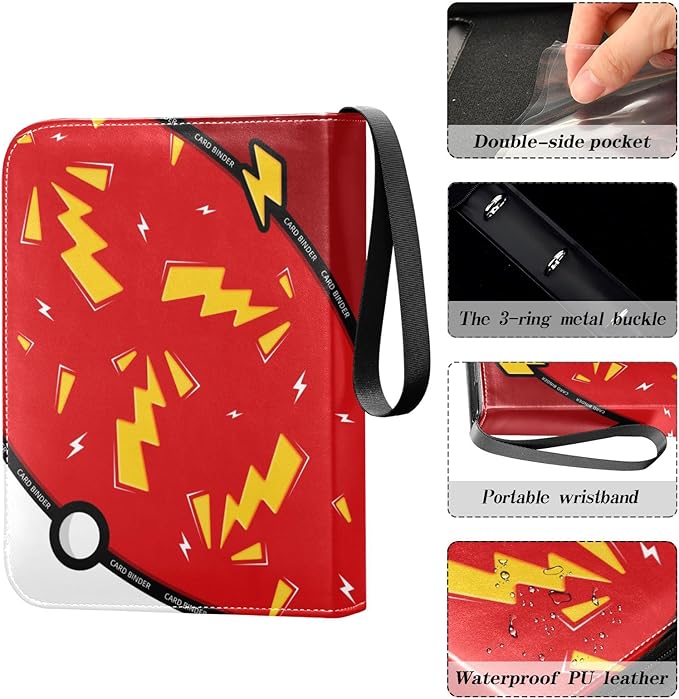 Red Lightning Card Binder, 4 Pocket Trading Card Holder with 50 Removable Sleeves, Zipper Card Binder Fits 400 Cards, Collection Card Storage Case Album Book Gifts