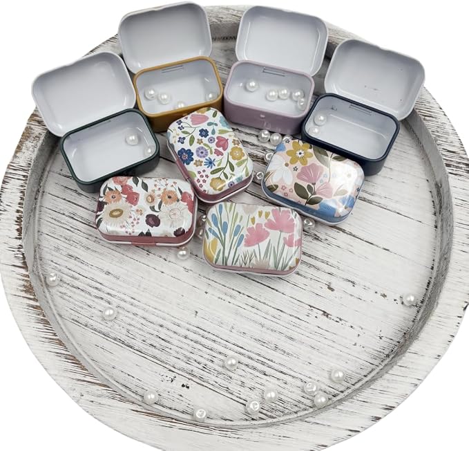 8Pcs Metal Hinged Tin Box Container Daisy Floral Farmhouse Rustic Mini Portable Small Storage Container Kit with Lid for Home Storage 2.1x1.5x1 Inch (Pastel)