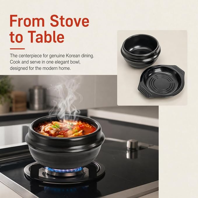 37 Oz Korean Stone Bowl with Tray | Ceramic Pot Set Dolsot Bibimbap Sizzling Hot Pot, Korean Cooking Soup Cookware for Restaurants, Rice, Soup, Noodle