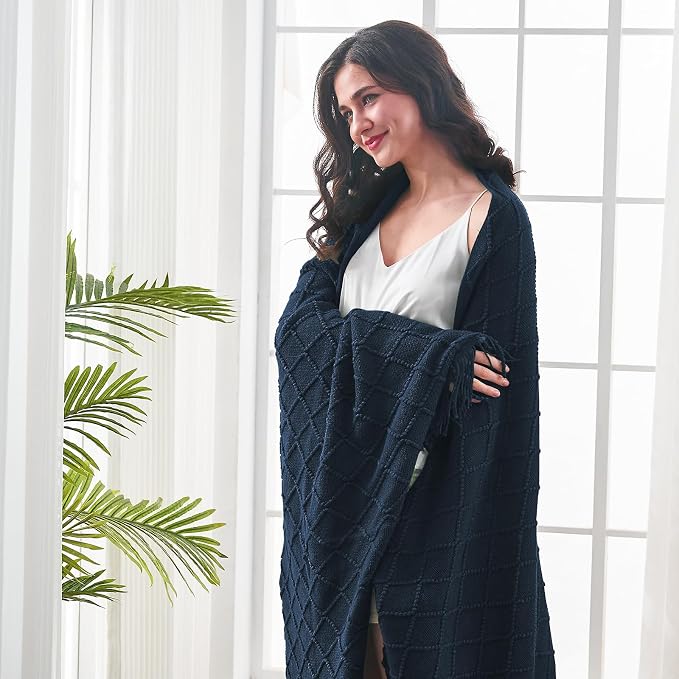 inhand Dark Blue Knitted Throw Blanket for Couch and Bed, 60"x80" | Soft Cozy Knit Blanket with Tassel, Lightweight Decorative Blankets and Throws, Farmhouse Warm Woven for Men and Women