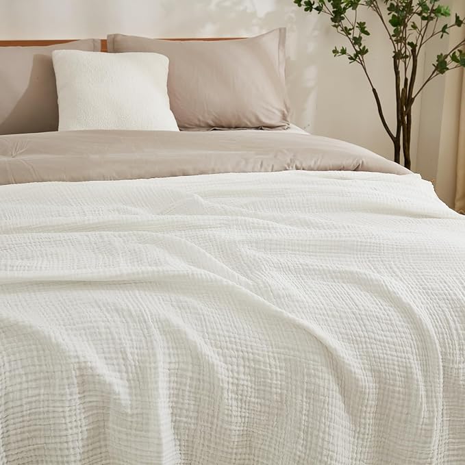 EMME Muslin Blankets for Adults Throw Blanket for Couch Breathable Gauze Soft Lightweight Airy White Twin 60" x 80"