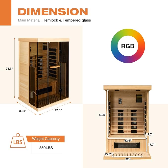 Infrared Sauna, 1-2 Person Home Sauna with 10 Minutes Warm-up Heater Tubes&Panels, Personal Sauna Spa Room for with 2-in-1 Door Handle, Canadian Hemlock and Panoramic Tempered Glass,120V