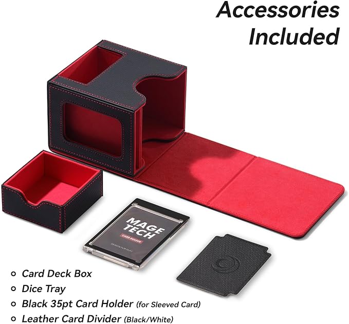 Mage Tech Card Deck Box for MTG Commander - Patented Design, Commander Display, Fits 100 Double-Sleeved Cards, 35pt Card Brick & Dice Tray - Black/Red