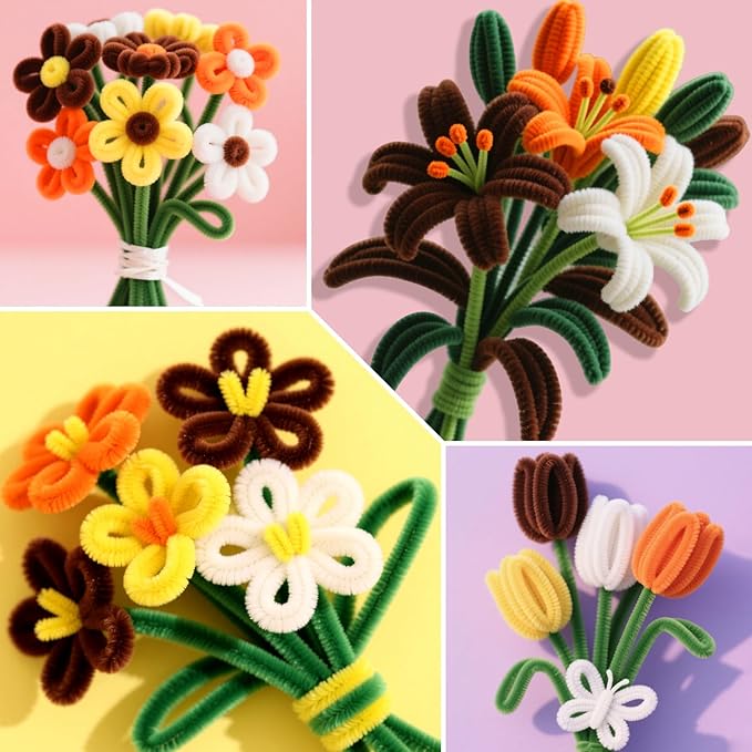 ASTARON 521 Pcs Pipe Cleaners Craft Set, 5 Colors Pipe Cleaners Bulk Pastel Chenille Stems for Craft Pipe Cleaner Flowers Making Kit with Floral Wires, Gardening Tape(Orange Yellow Brown)