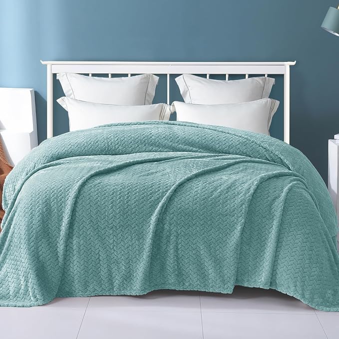 Exclusivo Mezcla Soft Fleece Bed Blanket Twin Size, 60”x80”, Celadon | Cozy Fluffy Lightweight Blankets for Summer, Decorative Plush Flannel Throws for Living room, Bedroom with Leaves Pattern
