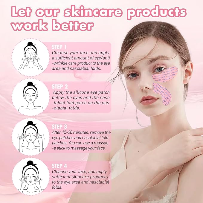 Reusable Eye and Smile Line Patches, Silicone Under Eye Patches and Nasolabial Folds Patches, Silicone Wrinkle Patches for Fine Lines & Dark Circles with Metal Applicator, Visible Metal Case
