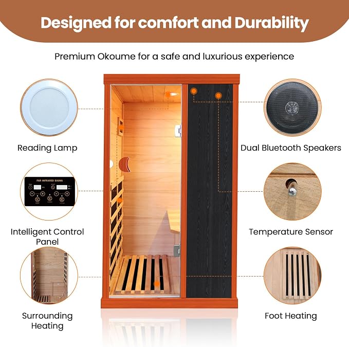 Far Infrared Sauna Home Sauna Room 1200W/110V Low-EMF Wood Indoor Dry Sauna | 1 Person Compact Sauna with Control Panel Speaker & Tempered Glass Door- Fast Heating Easy Assembly 35.2 * 28.8 * 61.5 in