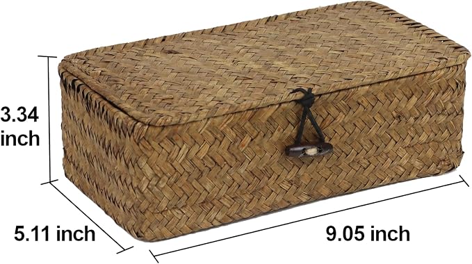 Seagrass Wicker Storage Basket with Lid, Small, Black | 9.05 x 5.11 x 3.34 Inch Box, Shelf Organizer, Rectangular Woven Bin, Small Item Storage, Decorative Color