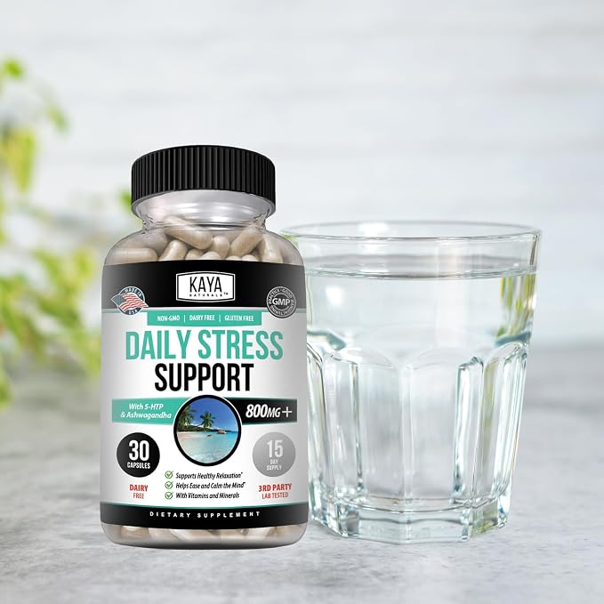 Kaya Naturals - Natural Herbal Stress Relief Support Vitamin Supplement to Relax and Calm The Mind - Boost Mood - Happy Pills - Anxiousness Support - 30 Capsules (Pack of 2)