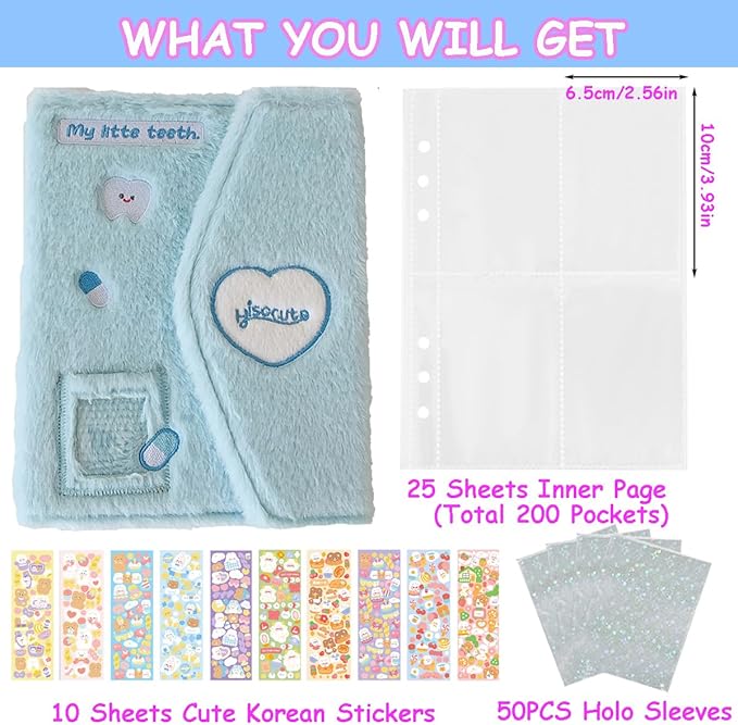 Kpop Photocard Binder with 6 Stickers Sheet & 50 Shinning Protective Sleeves Kpop Photocard Holder Book with Kpop Photocard, A5 Binder Photocard Album 30 Inner Pages with 240 Pockets (Skyblueplush)