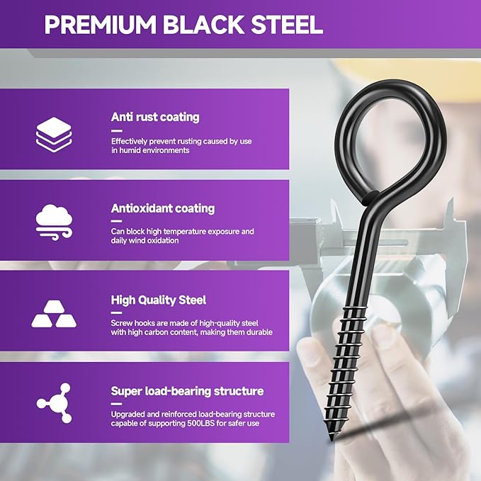 5.2 inch Eye Bolts - 10 Pcs Eyes Hooks Screw Heavy Duty 500 lbs Breaking Strength Black Rust-Resistant, Self Tapping Eyelet Screw for Wood Securing, Hammock Stand, Indoor & Outdoor Use