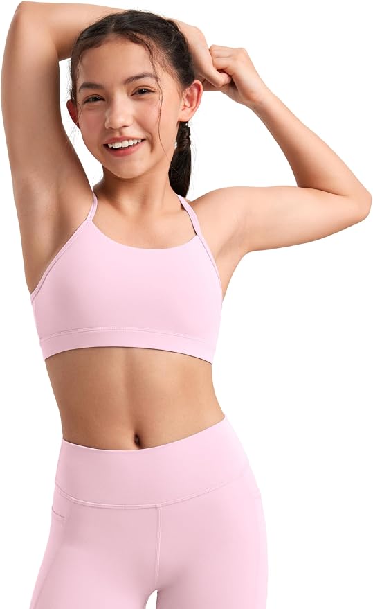 CRZ YOGA Girls Butterluxe Y Back Sports Bra - Yoga Athletic Casual Tops Scoop Neck Spaghetti Strap Padded Crop Kids Teen
