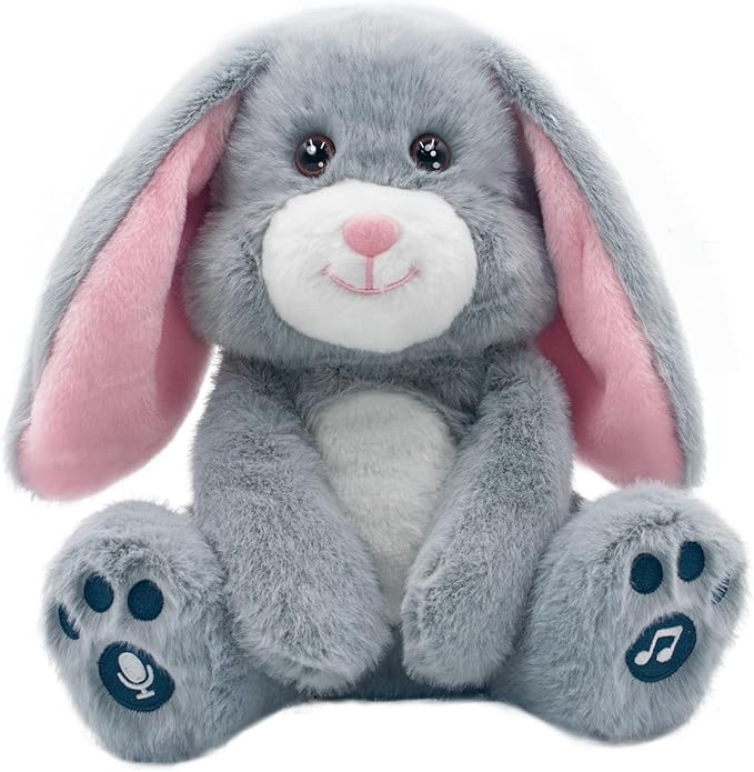 YH YUHUNG Interactive Talking Bunny Plush – Two Modes: Record (10s) & Repeat Talk-Back, 10 Songs, Flapping Ears, Volume Up/Down, Soft Gray-Pink, 3×AA Required, Ages 3+