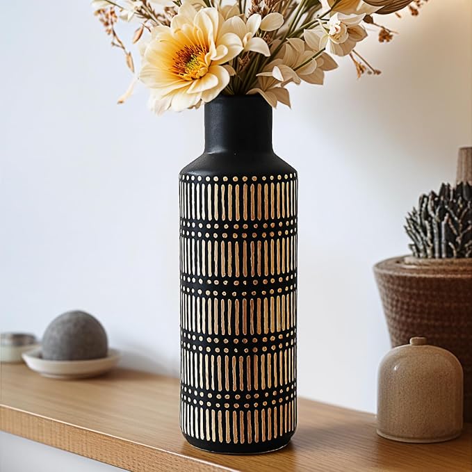 Rustic Ceramic Vase for Living Room Bedroom 11.02'' Black Flower Vase for Bouquet Fake Plant Home Decor Office Table Shelf Fireplace Centerpieces Antique Retro Vintage Classic Modern