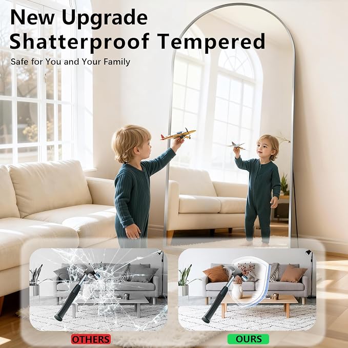 Oversized Full Length Mirror, 41"x81" Large Arched Floor Mirror Full Length with Stand, Room Decor Big Full Body Mirror with HD Tempered Glass Aluminum Frame for Bedroom Living Room, Silver