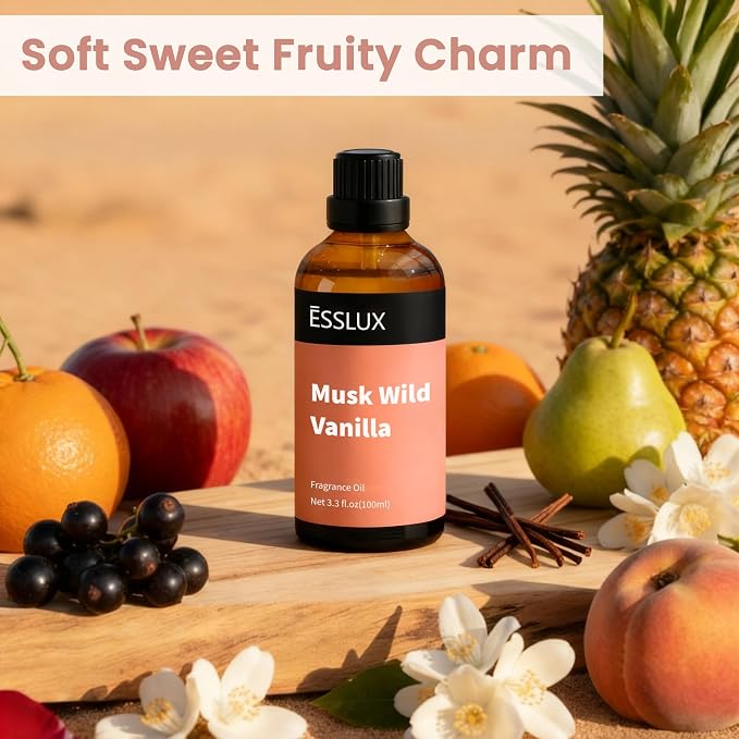 Musk Wild Vanilla Fragrance Oil, ESSLUX 100ml 3.3 oz Large Single Scented Oils, Aromatherapy Essential Oils for Home for Diffuser, Massage, Soap, Candle Making Scents