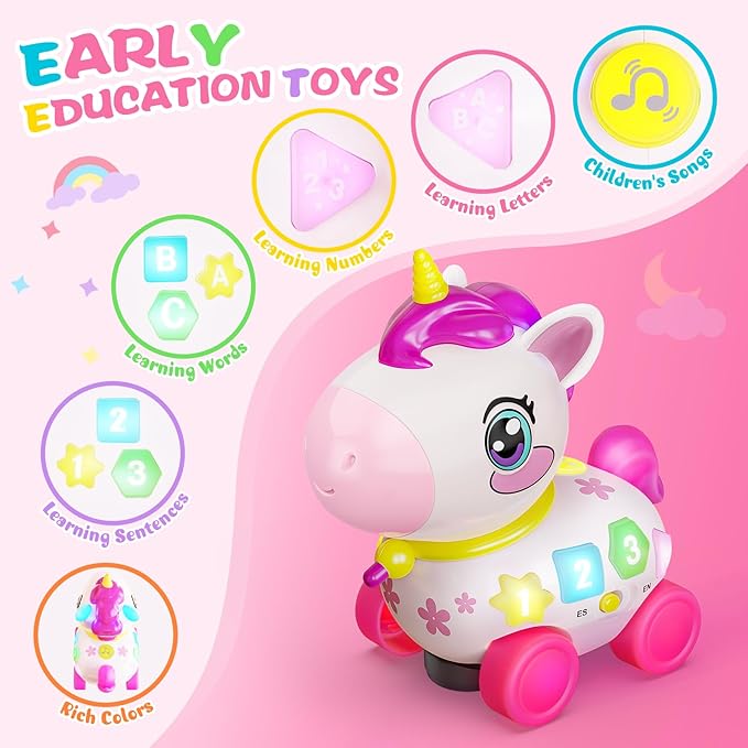 Unicorn Toys for 1 Year Old Girl Gifts, Musical Educational Baby Toy 6-12-18 Month, 1st Birthday Gift for 1 Year Old Girl Toys, Bilingual Learning Present for 7 8 9 10 12 Month