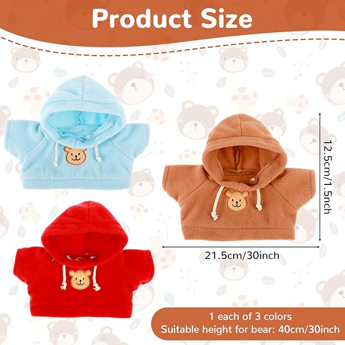 3 Pcs Build a Bear Clothes, Stuffed Animal Clothes Bear Hoodie Sweater Cute Tiny Clothes Fit Most 12-16 Inch Bears Make Your Own Plush Bears Outfits Accessories (red, blue, brown)