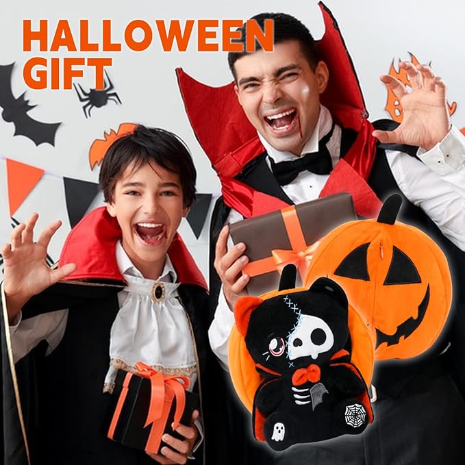 Halloween Reversible Pumpkin Plush Zipper, Skeleton Black Cat Transformed Cat, Stuffed Animal Halloween Boys Girls Kids Birthday Gift