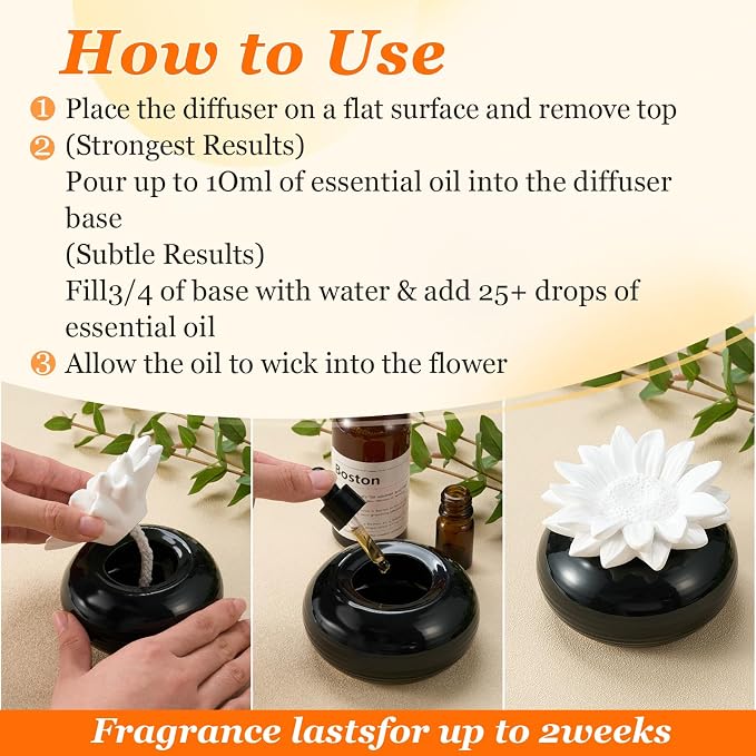 Honeydak 1 Pcs Ceramic Essential Oil Diffuser, Non Electric Reedless Passive Porcelain Flower Aromatherapy Diffuser, Decorative Floral Design Tabletop Office Home Bathroom Decor (Daisy Flowers)